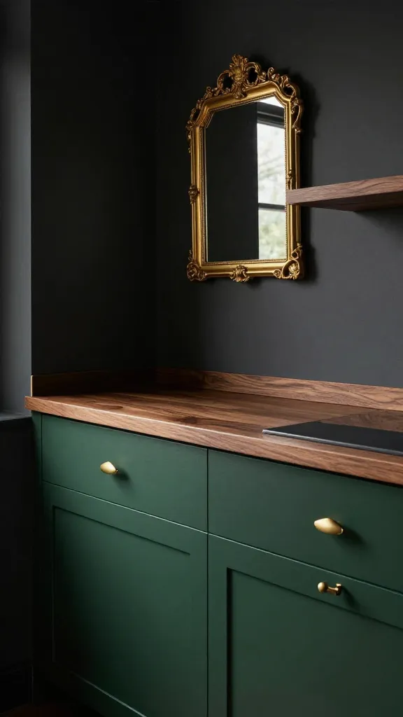 A high-quality, realistic photo of a sophisticated, dark and moody small kitchen. The lower cabinets are painted in a deep forest green, accented with elegant brass pulls and handles. A substantial dark natural wood countertop or open shelving adds warmth and richness. On a charcoal-painted accent wall, a small, ornate gold-framed mirror is strategically placed to reflect light and add a touch of glam. The lighting is intimate and ambient, highlighting the luxurious textures and deep colors of the space. The overall aesthetic is incredibly sophisticated and inviting, captured with a slightly wide-angle lens to showcase the compact yet dramatic design.