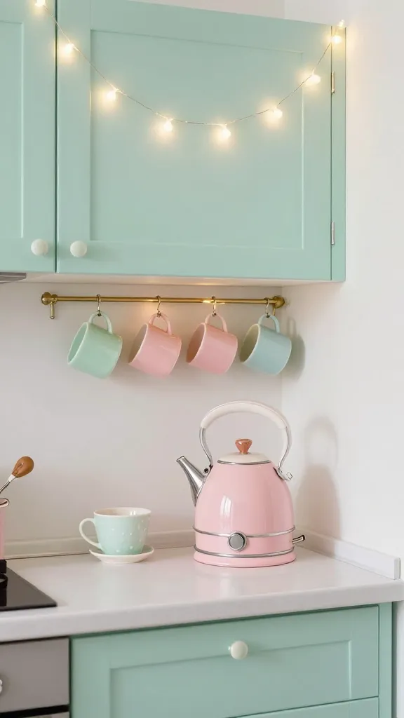 A high-quality, realistic photograph of a small, charming kitchen bathed in soft, natural light. The upper cabinets are painted in a delicate, light mint green. On a clean white countertop, a blush pink electric kettle adds a pop of color. Above the counter, a small open shelf or hooks display an arrangement of cute ceramic mugs in varying pastel shades of mint green, blush pink, and baby blue. A delicate string of warm white battery-operated fairy lights is artfully draped along the top of the upper cabinets, casting a magical, soft glow. The overall atmosphere is cheerful, whimsical, and sweet, with a shallow depth of field focusing on the pastel elements. No text.