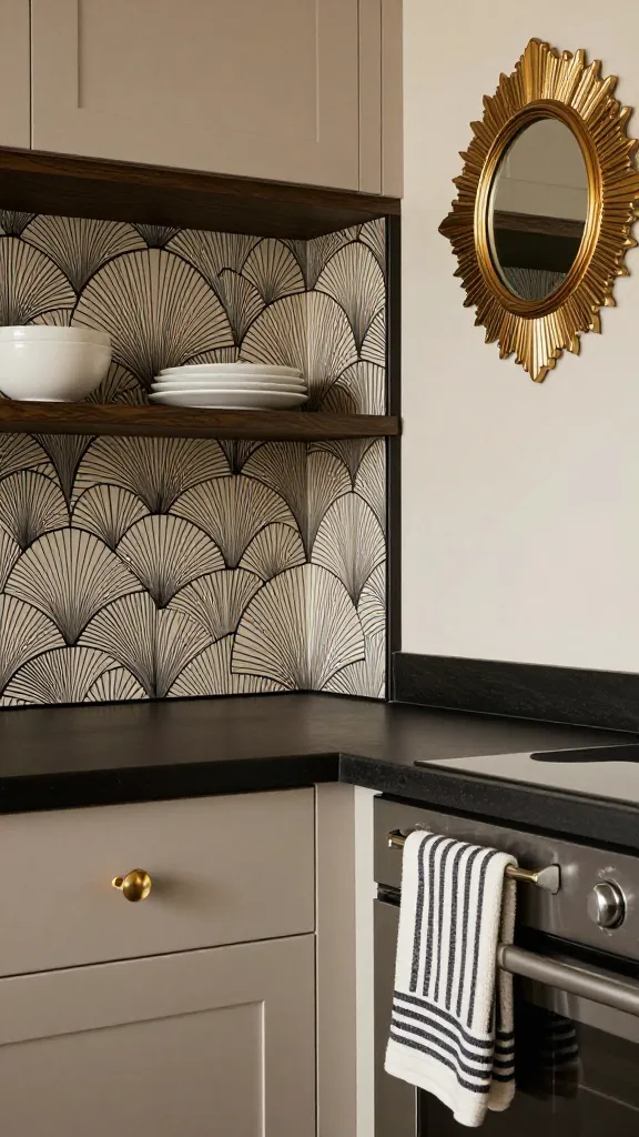 A high-quality, realistic photo of a compact kitchen corner, exuding a subtle Art Deco glamour. The focal point features sleek open shelving backed with an elegant, subtle geometric fan-pattern shelf liner in black and cream, displaying a few minimalist white ceramic dishes. Below, a small section of polished dark countertop. Adjacent to the shelves, a base cabinet features a single, elegant brass knob with a subtle stepped design, catching a soft glint of light. Above this, a small, round mirror with an ornate, sunburst-style gilded frame is mounted on the wall. A simple black and white striped dish towel is casually draped over a polished chrome bar handle on a nearby oven or drawer. Soft, inviting lighting highlights the metallic accents and polished surfaces, emphasizing a sophisticated, vintage luxury. No text.