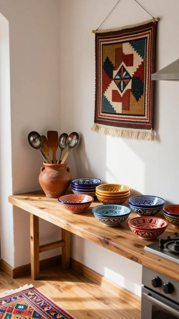 A slightly wide-angle, eye-level shot capturing a cozy, small kitchen designed with an eclectic global gathering theme. Warm, natural light streams in, highlighting a rustic wooden countertop where a small, artfully arranged collection of vibrant, hand-painted ethnic patterned ceramic bowls are displayed. Next to them, a weathered terracotta pot holds an eclectic mix of wooden spatulas and polished metal ladles. On the wall above the counter, a small, intricately woven textile art piece featuring rich, earthy tones and a geometric global-inspired pattern adds a focal point. Partially visible on the warm-toned floor in the foreground is a small, colorful Moroccan-style rug with intricate patterns, adding a vibrant touch. The scene evokes a sense of curated wanderlust and unique storytelling. High resolution, ultra-realistic, photorealistic, sharp focus, no text.