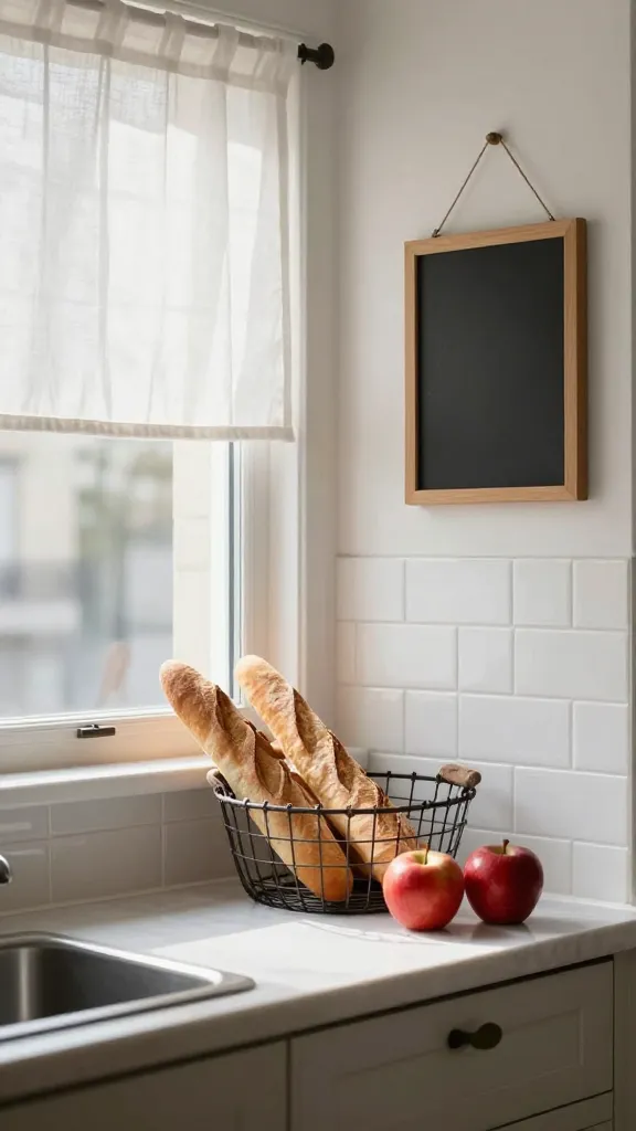 A high-quality, realistic photo capturing a charming corner of a small kitchen, imbued with classic Parisian bistro elegance. A pristine white peel-and-stick subway tile backsplash gleams behind a modest countertop. Above the counter, a window is adorned with a short, simple, white linen cafe curtain, allowing soft morning light to illuminate the scene. A small, dark-framed chalkboard hangs nearby on the wall. On the counter, a rustic wire basket overflows with golden-brown baguettes and vibrant red apples, adding a touch of inviting warmth. The overall ambiance is effortlessly chic, sophisticated, and perfect for a leisurely morning. Natural lighting, shallow depth of field to emphasize the counter area. No text.