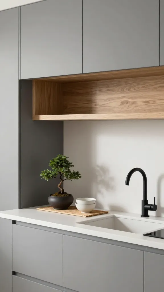 A realistic, high-quality photograph capturing a serene, small Japandi kitchen. The focus is on a meticulously arranged countertop area featuring clean lines and a minimalist aesthetic. Muted grey flat-panel cabinetry forms the backdrop, complemented by a smooth, creamy white countertop. Soft, abundant natural light streams in, highlighting the warm grain of a light natural oak open shelf positioned above the counter. On the countertop, a single, elegant bonsai tree in a simple, dark grey ceramic pot is thoughtfully placed next to a small stack of two handcrafted, off-white ceramic bowls. A delicate, rectangular bamboo mat is neatly arranged beneath these items, adding a touch of natural texture. A sleek, matte black faucet provides a subtle, modern accent, maintaining the peaceful and uncluttered atmosphere. The overall impression is one of calm, balance, and understated elegance, with a color palette of greys, whites, creams, and natural light wood.