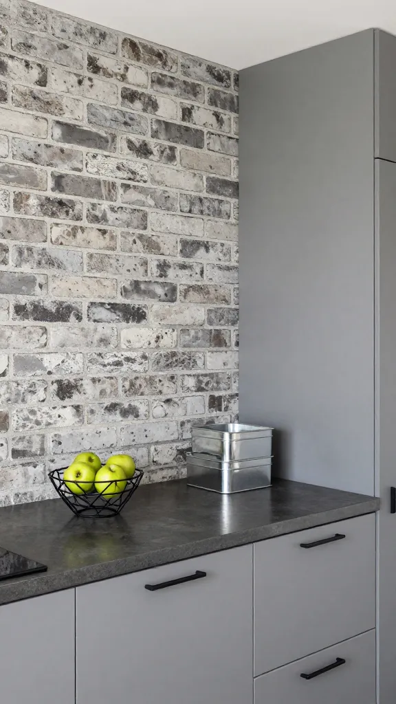 A high-angle, realistic photo capturing a compact, modern kitchen with an urban loft aesthetic. One prominent wall features authentic-looking brick-effect peel-and-stick wallpaper, providing an industrial backdrop. The sleek, flat-panel kitchen cabinets are fitted with long, minimalist matte black bar handles. On a dark, polished concrete countertop, a small geometric black wire fruit bowl holds a couple of green apples, next to two small, stackable silver metal storage bins neatly arranged, suggesting pantry items. The space is well-lit with soft natural light, emphasizing clean lines and a minimalist yet impactful design. No text.