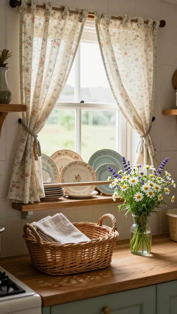 A highly detailed, realistic, high-quality photograph capturing a charming cottagecore cozy nook in a small kitchen. The scene is bathed in soft, natural light, highlighting a window adorned with a delicate, small-scale floral patterned curtain, gently tied back. Below the window, a rustic wooden shelf displays an artful collection of mismatched vintage ceramic plates in various sizes and pastel hues, some featuring subtle hand-painted floral motifs. On a nearby countertop or small, aged wooden surface, a natural woven wicker basket is neatly arranged with soft, folded linen kitchen towels. A tiny, clear glass vase holds a fresh bouquet of vibrant wildflowers, including daisies and small sprigs of lavender, adding a touch of natural beauty. The overall atmosphere is undeniably warm, inviting, and whimsical, evoking a sense of storybook enchantment and comfort. No text.