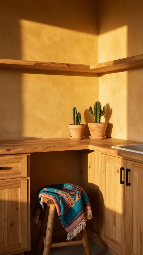A high-quality, realistic photograph of a small kitchen corner bathed in warm, golden hour light, evoking a permanent Southwestern sunset. The scene features light natural wood open shelving and cabinetry, accented with sleek, simple black iron pulls. A section of the wall or backsplash is painted in a soft mustard yellow or warm terracotta hue. Draped casually over a rustic wooden stool or an open shelf is a small, intricately woven textile blanket showcasing patterns with deep turquoise and dusty rose accents. A curated display of two to three small cacti and succulents in unglazed, earthy clay pots sits on the countertop or windowsill, catching the warm light. The overall aesthetic is earthy, vibrant, and full of natural textures, with no text or branding visible.