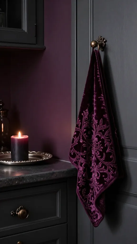 A close-up, high-resolution, professional photograph capturing a small, darkly romantic kitchen corner with a Gothic Victorian Whimsy aesthetic. A section of the wall or a cabinet door is painted in a deep, rich plum or charcoal grey. The cabinet features intricate, antique-style pulls in a dark bronze finish. On a polished countertop, a small, ornate silver tray holds a lit, dark pillar candle, casting a soft, atmospheric glow. A dramatic, deep-toned velvet-patterned dish towel is draped elegantly over a nearby handle or hook. The scene is subtly ornate, with a focus on rich textures and a sophisticated, bygone-era charm. Realistic lighting, no text.