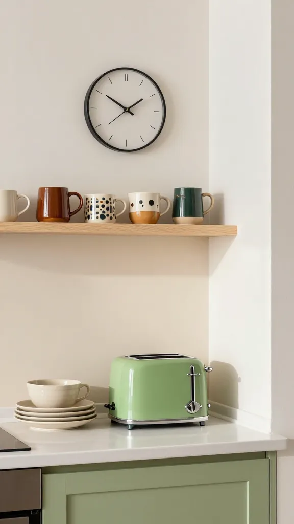 A high-quality, realistic photo of a small kitchen corner designed in a vibrant Mid-Century Modern Pop style. The focal point is a bright, minimalist countertop area beneath a section of plain wall shelving that has been updated with teak-effect contact paper, showcasing clean lines. On the countertop, a vibrant avocado green retro-style toaster stands out, flanked by a stack of matching ceramic dishware. Above the counter, a simple, geometric wall clock with a black frame hangs prominently. To the side, a collection of vintage-style ceramic mugs in varying earthy tones and playful patterns are neatly displayed on a smaller, floating shelf. The overall aesthetic is effortlessly cool, clean, and full of personality, with a subtle play of organic shapes and cheerful color accents. Natural light streams in, highlighting the textures and colors.