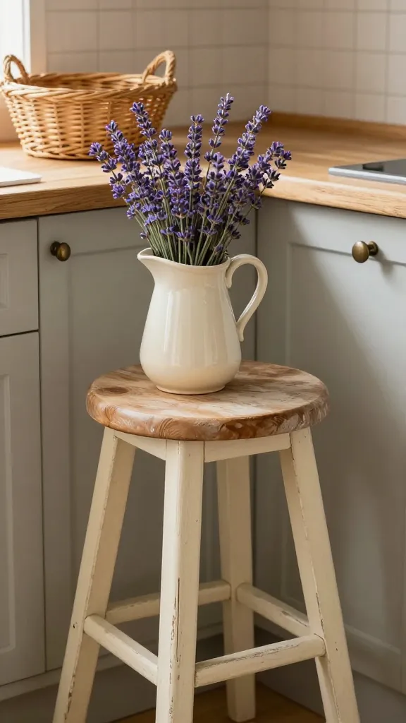 A high-quality, realistic photograph capturing a charming, small French Countryside kitchenette corner. The scene features a distressed wooden stool, painted a soft cream, positioned beside a light-toned, rustic wooden countertop. On the countertop, a small, vintage-style ceramic pitcher holds vibrant sprigs of fresh lavender, their delicate purple hues contrasting with the cream. Nearby, a textured wicker bread basket adds a natural, rustic touch. Cabinetry in the background, possibly in a pale grey or off-white, is subtly visible, adorned with simple bronze cup pulls. Soft, warm natural light streams in, highlighting the natural textures and creating an inviting, elegant atmosphere. No text.