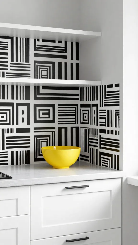 A realistic, high-quality photograph of a small, modern kitchen corner. The back panel of a set of white open shelves, mounted on a light gray wall, is covered in striking black and white geometric peel-and-stick wallpaper, creating a bold, high-contrast focal point. Below the shelves, sleek, handleless white kitchen cabinets are fitted with minimalist matte black hardware. On one of the open shelves, a single, vibrant lemon yellow ceramic bowl adds a bright pop of color, standing out against the monochrome pattern. The kitchen is well-lit with soft natural light, emphasizing sharp lines and a clean, modern aesthetic suitable for a compact space. No text.