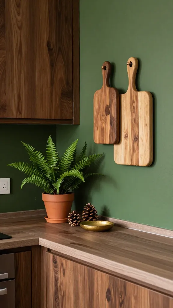 A realistic, high-quality, eye-level photograph capturing a compact, inviting kitchen embodying a 'Forest Dweller's Den' aesthetic. A prominent accent wall is painted in a deep moss green, providing a serene backdrop. Below it, dark, rich walnut wood cabinetry with subtle grain details extends, topped by an earthy brown, matte countertop. On the counter, a small, lush fern in a simple terracotta pot adds a pop of vibrant green. Adjacent to the plant, a few carefully arranged pinecones and a subtle gold-toned ceramic dish introduce natural and warm accents. Above the counter, an artful display of various-sized wooden cutting boards, showcasing different wood types and grains, hangs or leans against the moss green wall. The overall scene is bathed in soft, natural light, emphasizing organic textures and creating a tranquil, cozy cabin retreat atmosphere. No text.