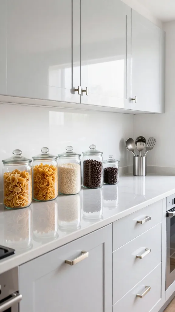 A realistic, high-angle photograph capturing a small, exceptionally bright, and airy kitchen designed with a "sparkling silver and glass" aesthetic. The space feels larger and more luxurious than its actual size, thanks to its reflective surfaces and maximizing of light. Sleek, light-colored cabinetry (either white or a very pale grey) is dramatically upgraded with modern, brushed nickel or polished chrome cabinet pulls that gleam under the ample light. On a pristine, light-colored countertop, several clear glass jars, neatly filled with vibrant pasta, white rice, and dark coffee beans, are artfully arranged, creating transparent and reflective displays. A small, frameless rectangular mirror is strategically mounted on a clean, empty wall section, reflecting natural light from an unseen window and visually expanding the room. A collection of shiny stainless steel cooking utensils stands upright in a matching metallic holder, adding a touch of functional glam. The overall atmosphere is one of subtle sophistication and expansive luminosity, meticulously styled to appear spacious and upscale.