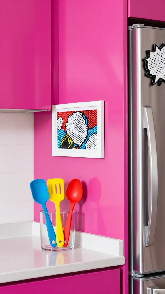 A high-quality, realistic, eye-level photo capturing a vibrant and playful small kitchen designed with a pop art theme. A focal point is a small wall section painted in a striking, glossy fuchsia, creating a bold, contrasting statement. Centered on this fuchsia wall hangs a small, framed pop art print featuring exaggerated halftone dots and a comic-book style illustration, clearly inspired by Lichtenstein. On a clean, light-colored countertop below, a collection of brightly colored silicone utensils in electric blue, sunny yellow, and fiery red are neatly arranged in a clear, modern holder. To the side, a sleek, stainless steel refrigerator features a single, quirky, oversized novelty magnet shaped like a retro comic book speech bubble. The overall scene is brightly lit, showcasing sharp details and textures, exuding a burst of happiness and comic-book energy. No text on images.