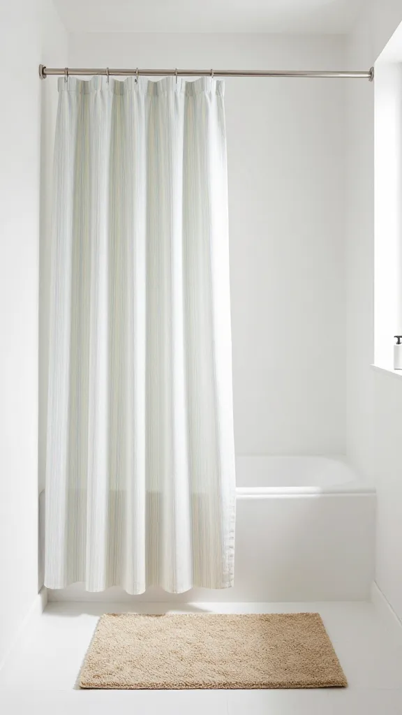 A high-resolution, realistic interior photograph of a small, tranquil bathroom designed in a coastal calm style. The space feels bright and expanded due to the crisp white walls, reflecting abundant natural light. A new fabric shower curtain featuring a delicate, subtle blue stripe pattern is neatly drawn, adding a serene, seaside hint. On the clean floor, a soft, textured cotton bath mat in a sandy beige hue provides warmth and comfort. The overall ambiance is fresh, airy, and inviting, evoking the feeling of a peaceful beach house retreat, with no people or text.