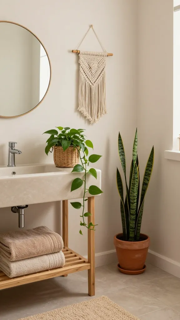A high-quality, realistic photo of a small bathroom designed in a cozy, boho chic style, exuding a warm, global-inspired hideaway feel. The space features a warm neutral palette, with soft beige and terracotta accents visible in fluffy towels neatly folded on a wooden shelf and a plush bath mat on the floor. A delicate, small macrame wall hanging is positioned on the wall near a simple round mirror, adding handcrafted texture. A vibrant green pothos plant drapes gracefully from a woven basket placed on a counter, while a snake plant stands tall in a terracotta pot on a nearby shelf, introducing natural life and a touch of wanderlust. Soft, natural light fills the space, highlighting the natural textures and creating an inviting atmosphere. No text.