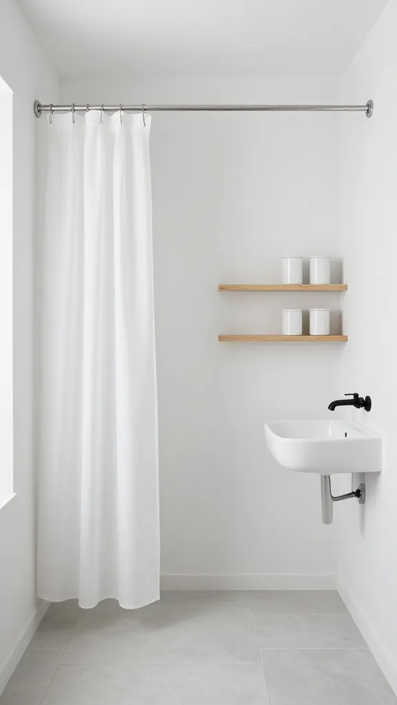 A high-quality, realistic, eye-level photograph of a small, minimalist Zen bathroom. The space radiates profound tranquility and an uncluttered elegance. The color scheme is predominantly monochromatic, featuring crisp whites on the walls and ceiling, soft light gray floor tiles, and subtle natural light wood tones. A sleek, solid white fabric shower curtain hangs from a simple chrome rod, creating a clean, expansive visual. Above a wall-mounted white sink, two slim, natural light wood floating shelves are neatly arranged with a few matching white ceramic canisters holding essentials. The fixtures are modern and understated, in a matte black or brushed chrome finish. The overall design emphasizes clean lines, functional beauty, and an intentional, serene atmosphere, making the small space feel larger. Soft, diffused natural light illuminates the room. No text on image.