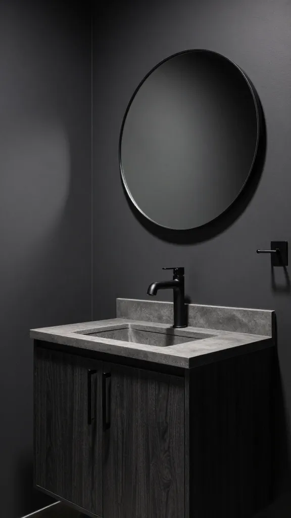 A high-quality, realistic interior photograph of a small, modern bathroom designed with a moody industrial edge. A dramatic accent wall painted in a deep charcoal gray provides a sophisticated backdrop. Matte black hardware, including sleek cabinet pulls on a dark wood or concrete-look vanity and a minimalist towel hook, creates sharp contrast. Above the vanity, a prominent simple, round mirror with a thin black metal frame reflects soft, atmospheric lighting. Subtle faux exposed pipe decals are integrated into the design, hinting at urban ruggedness. The overall aesthetic is chic, unexpected, and stylish, with a focus on dark tones and metallic accents. No text on image.