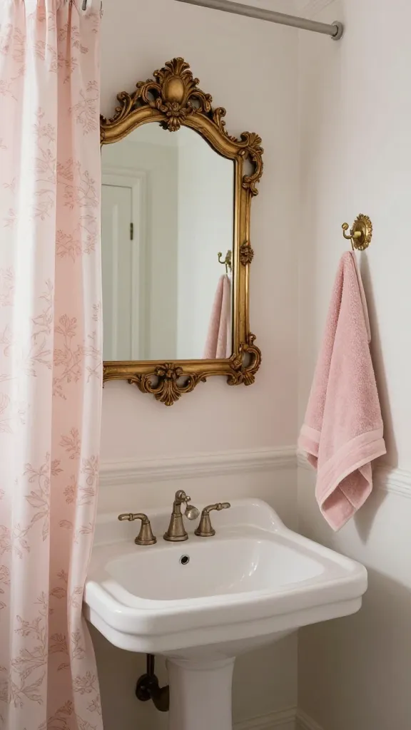 A high-quality, realistic photograph capturing a charming, small bathroom imbued with vintage elegance. The centerpiece is a magnificent, ornate antique-gold framed mirror with intricate carvings, positioned above a classic white pedestal sink. To one side, a delicate, floor-length shower curtain in a soft blush pink toile pattern is partially drawn, showcasing its romantic design. Mounted on the wall are two decorative, slightly aged brass hooks, holding a neatly folded blush pink hand towel. Soft, diffused natural light streams into the space, highlighting the pastel tones and the subtle textures, creating an atmosphere of nostalgic comfort and a treasured heirloom feel. No text.