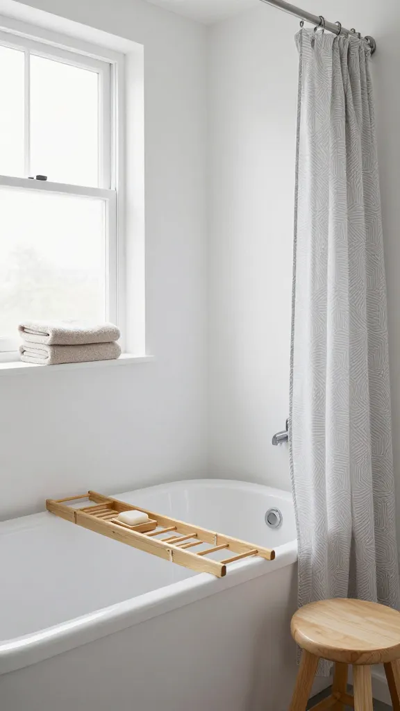 A wide-angle, realistic photograph of a small, Scandinavian-style bathroom bathed in abundant natural light streaming from a window. The walls are crisp white, creating an uncluttered and serene atmosphere. A light-colored, fluffy towel is neatly folded on a simple shelf. A small bamboo bath caddy rests on the edge of a clean white bathtub, holding a minimalist soap bar. Next to the tub, a simple, light-toned wooden stool adds a touch of natural warmth. A clean, geometric-patterned shower curtain in shades of gray and white is neatly drawn, defining the shower area. The overall aesthetic is functional, minimalist, and incredibly inviting, emphasizing Hygge comfort. High resolution, professional interior photography, no text.