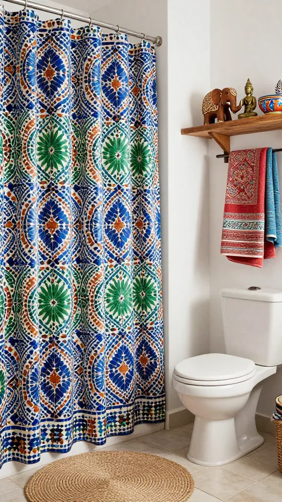 A high-quality, realistic photo of a small, vibrant eclectic global fusion bathroom. The focal point is a richly patterned shower curtain, featuring an intricate Moroccan zellige tile design in jewel tones of sapphire blue, emerald green, and terracotta orange. A textured, round woven jute bath mat lies on the light tile floor in front of the shower. Above a classic white toilet, a natural wood floating shelf displays an eclectic collection of unique travel trinkets: a small, hand-carved wooden elephant, a miniature brass Buddha statue, and a vibrant, hand-painted ceramic bowl. A stack of colorful, patterned hand towels, perhaps with a subtle Indian block print motif, are neatly folded on a nearby wall-mounted rack. The walls are a clean, warm white, allowing the colorful elements to pop. Soft natural light streams into the space, highlighting the diverse textures and patterns, creating a collected-over-time feel. Shot with a wide-angle lens, bright and inviting atmosphere, no text.