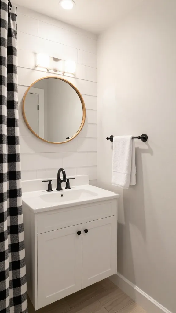 Realistic, high-quality photograph of a small modern farmhouse bathroom. A prominent accent wall features authentic-looking white peel-and-stick shiplap wallpaper. Above a simple white vanity and sink, a sleek round wooden-framed mirror is centered. A matte black industrial-style towel bar is mounted on the shiplap wall, holding a neatly folded white towel. A classic black and white buffalo check shower curtain is partially visible, adding country charm. The remaining walls are a clean, soft off-white. The floor is light wood-look tile. The space feels cozy, sophisticated, and bright with warm ambient lighting. Professional interior photography, no text.