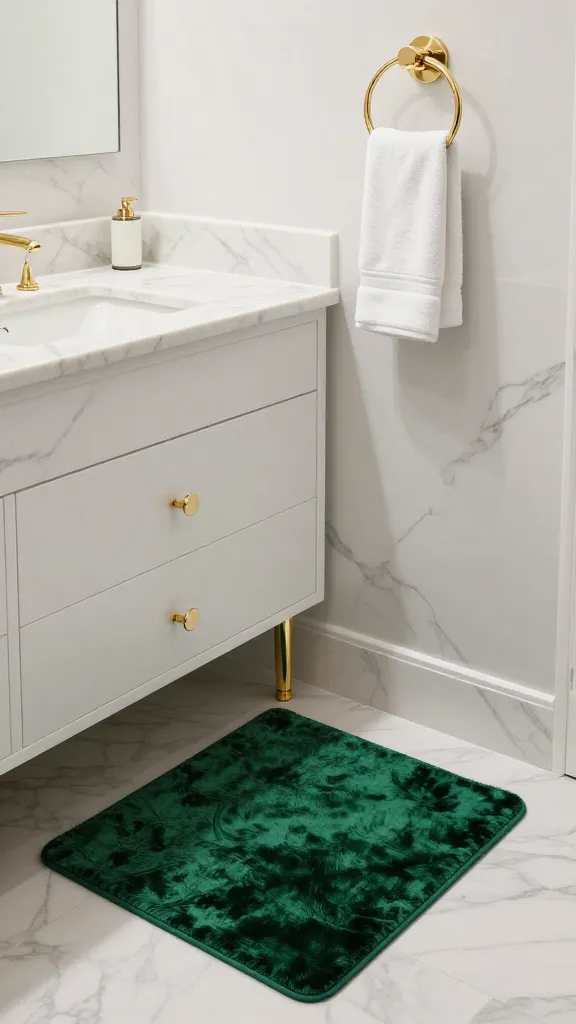 A high-quality, realistic photo of a small bathroom vanity area, exuding glamorous luxury. The countertop is adorned with elegant white and grey marble-look contact paper, reflecting soft light. Shimmering gold cabinet pulls gleam on the sleek vanity drawers. A matching gold towel ring is mounted on the wall, holding a pristine white hand towel. On the polished floor in front of the vanity, a plush, velvety bath mat in a rich emerald green adds a striking touch of opulence. The lighting is bright and inviting, highlighting the sparkle and sophisticated textures. No text.