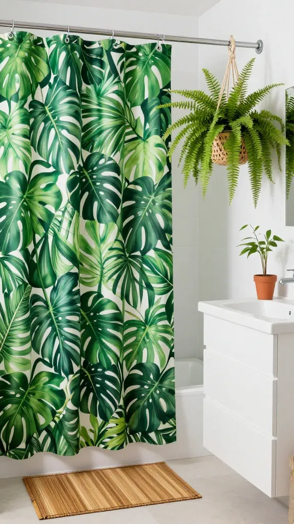 A realistic, high-quality photograph of a small, modern bathroom meticulously designed as a vibrant tropical oasis. The dominant feature is a lush, flowing shower curtain adorned with a bold, detailed monstera leaf pattern in rich greens. A vibrant Boston fern cascades gracefully from a natural woven hanging planter near the shower, while a slender bamboo plant in a simple terracotta pot sits atop a clean white vanity, beside a sleek, minimalist sink. A textured bamboo bath mat is prominently placed on the light-colored floor. The walls are painted a clean, bright white, allowing the fresh green foliage and natural materials to pop. Soft, natural light bathes the space, creating an invigorating and refreshing atmosphere that feels like a luxurious escape. No text.