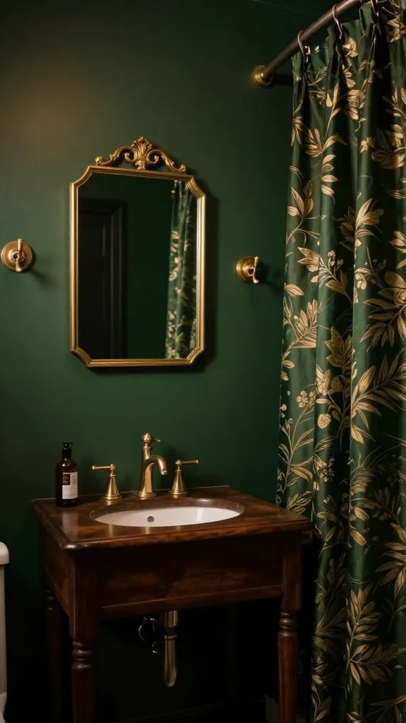 A high-quality, realistic photograph of a small bathroom meticulously designed in a Dark Academia style. A prominent wall is painted a deep, rich forest green, creating a moody and sophisticated backdrop. Above a simple, dark wood vanity, a small, elegant brass-framed mirror is perfectly centered. Adjacent to it, sleek brass towel hooks are mounted. A luxurious shower curtain, featuring a subtle dark botanical print in shades of deep green and muted gold, hangs gracefully, adding to the intellectual and mysterious ambiance. The lighting is soft and warm, casting gentle shadows that enhance the cozy, intellectual haven aesthetic, making the small space feel like a cherished secret den. No text.