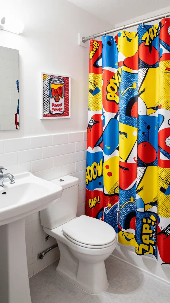 A high-quality, realistic photograph of a small bathroom styled with a 'Playful Pop Art Punch' theme. The space features a pristine white base, including crisp white subway tiled walls and a sleek white pedestal sink and toilet. The main visual anchor is a brightly colored, graphic shower curtain showcasing either a dynamic comic book-style print with bold, abstract shapes in primary colors (red, yellow, blue) or a single, impactful onomatopoeia like 'BOOM!' or 'ZAP!'. Hung on a clean white wall are two small, framed pop art prints: one distinctly Lichtenstein-inspired with ben-day dots depicting a stylized comic panel or a partial face, and another featuring a colorful, Warhol-esque depiction of a soup can. The floor is a simple, light grey tile. Bright, natural light streams into the room, enhancing the vibrant colors and cheerful atmosphere. The perspective is a slightly wide-angle shot, capturing the whimsical energy of the compact space. No text is visible on any objects, prints, or surfaces within the image.