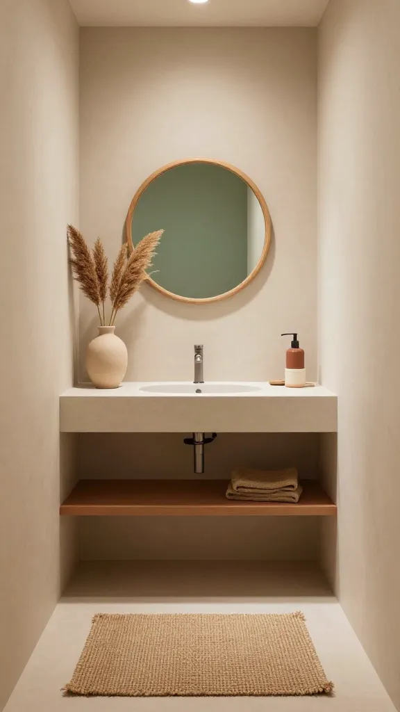 A realistic, high-quality photo capturing a serene small bathroom designed in a Desert Modern Oasis style. The minimalist space exudes warmth and tranquility, featuring a color palette dominated by warm beige walls, subtle muted greens, and terracotta accents. A woven jute bath mat grounds the floor. On a clean, simple surface, a simple ceramic vase elegantly displays dried pampas grass. Above, a small, round wooden mirror with a natural finish serves as a focal point. Natural textures are prominent throughout, contributing to an earthy and inviting atmosphere. Soft, natural light illuminates the scene. No text on image.