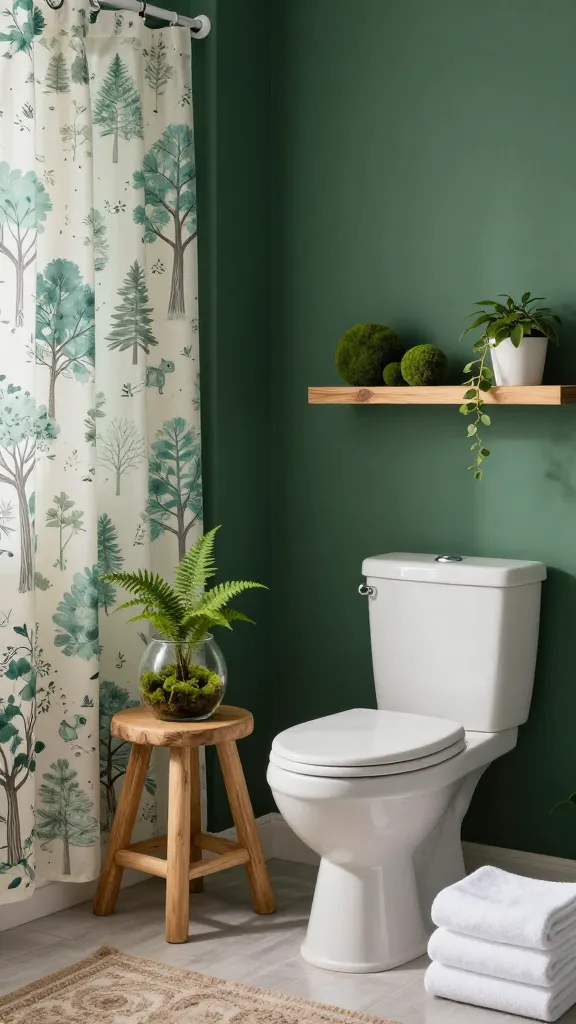 A high-quality, realistic photograph captures a small, enchanting bathroom transformed into a whimsical woodland retreat. A prominent accent wall is painted in a rich, deep forest green. Complementing this, a shower curtain features a subtle, elegant pattern of stylized tree silhouettes and delicate, small animal motifs in shades of soft teal and cream. A natural, light-toned wooden stool with a slightly rustic finish is positioned in a corner, holding a tiny glass terrarium filled with vibrant green moss and a miniature fern. Above the toilet, a narrow faux wood floating shelf made of light, natural-looking wood displays a cluster of faux moss balls and a small, white ceramic planter with a gently trailing plant. Soft, diffused natural light filters into the space, illuminating the cozy textures of a plush, earthy-toned bath mat and neatly stacked white towels. The overall ambiance is tranquil, magical, and inviting, evoking the serenity of nature indoors. No text.