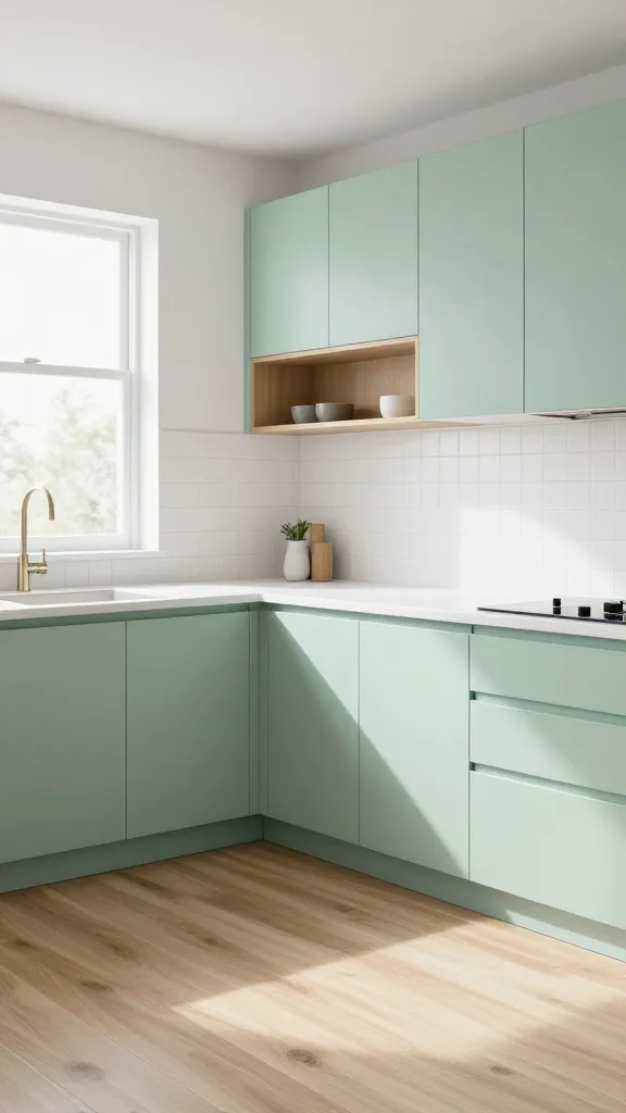 A bright and airy Scandinavian kitchen, featuring sleek, matte mint green base and upper cabinetry. Crisp white quartz countertops extend along the perimeter, complemented by a simple white subway tile backsplash. Wide plank blonde wood flooring covers the floor, and minimalist blonde wood open shelving is mounted above a section of the countertop. Natural light streams in through a large window, creating a serene and calming atmosphere. The overall aesthetic is clean, functional, and utterly beautiful, reminiscent of a high-end interior design magazine photo. High resolution, realistic photography, no text.