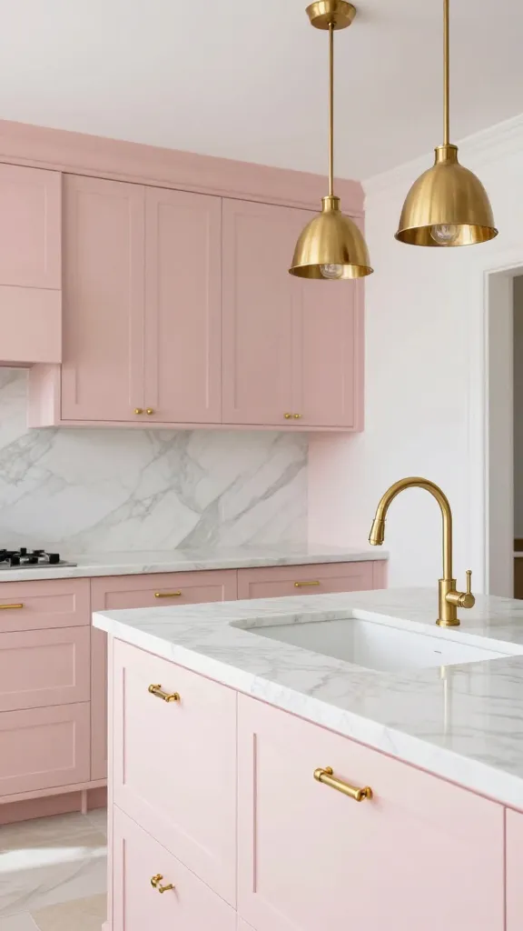 A luxurious, high-end kitchen featuring soft matte blush pink shaker cabinets adorned with dazzling polished brass pulls and a matching brass faucet. Pristine white marble countertops extend across all surfaces, including a prominent central island. Elegant brass pendant lights hang gracefully above the island, casting a warm, inviting glow. The room is bathed in bright, natural light, highlighting the sophisticated femininity and chic design. High-resolution, realistic photograph.