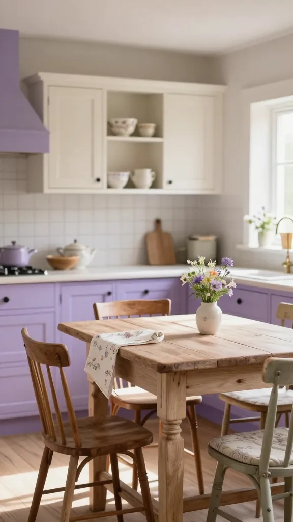 A whimsical, sun-drenched cottage kitchen featuring dusty lavender lower cabinets and creamy white upper cabinets with some open shelving displaying delicate, light-colored ceramics. A distressed light wood farm table serves as the central island, surrounded by an assortment of mismatched vintage wooden chairs, some with subtle floral patterned cushions. Soft, natural light streams in, highlighting delicate floral patterns subtly incorporated on a tea towel or a small vase of wildflowers on the island. The overall atmosphere is enchanting, cozy, and rustic, with a predominant focus on soft pastel purple tones. High-resolution, professional kitchen photography, natural light, shallow depth of field, warm inviting ambiance, no text.