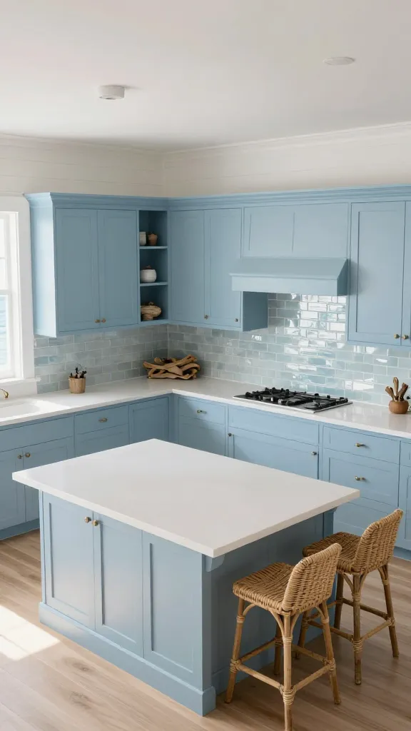 A high-angle, wide shot of a serene and tranquil coastal kitchen, bathed in soft, diffused natural light. The dominant feature is the soft sky blue cabinetry, in a clean, shaker style, which evokes clear ocean waters. These pastel blue cabinets are perfectly complemented by crisp white shiplap walls and light-colored natural wood flooring. A pristine, simple white quartz countertop extends across the main work surfaces and a central island. Above the countertop, a subtle, shimmering glass tile backsplash mimics the gentle movement of water. Two woven rattan bar stools are positioned at the island, adding organic texture. Thoughtfully placed driftwood decor pieces are visible on the countertops or open shelving, completing the breezy, relaxed coastal picture. Realistic, professional interior design photography, high resolution, no text.