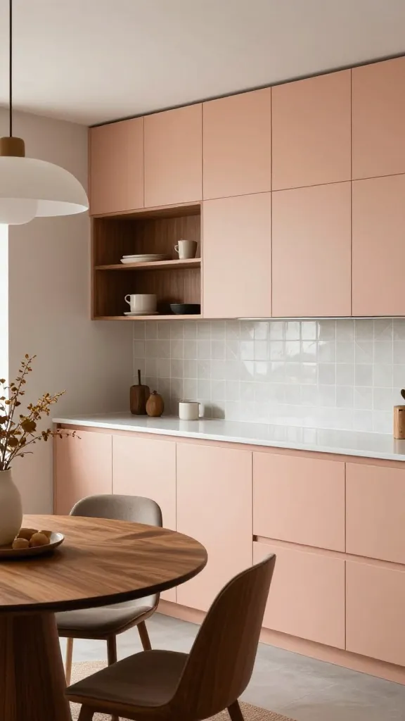 A professional, high-resolution interior photograph of a stunning Mid-Century Modern kitchen. The focal point is sleek, flat-panel cabinetry in a soft, muted peach hue, extending across one wall. These cabinets are topped with simple, clean white quartz countertops. A subtle geometric tile backsplash in a light neutral tone (like white or very light grey) adds texture above the counter. Rich walnut wood accents are thoughtfully incorporated, including a floating shelf with minimalist decor and a round walnut dining table paired with iconic mid-century modern chairs. Above the dining area, a distinctive mid-century modern pendant light fixture provides a warm glow. The space is bathed in soft, natural light, creating an inviting and elegantly understated atmosphere with clean lines and a retro-modern charm.