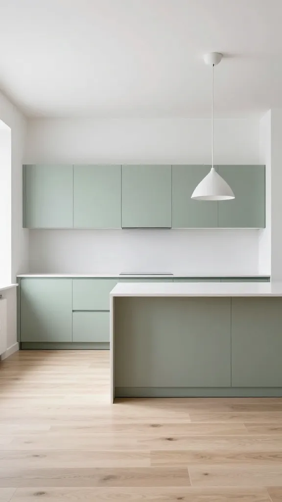 A bright, high-resolution, eye-level photograph of a Scandinavian minimalist kitchen, bathed in soft natural daylight. The main feature is a wall of muted sage green, handle-less base and upper cabinets, perfectly flush and sleek, set against crisp white walls. Light blonde wood flooring with wide planks extends across the space. In the center, a minimalist kitchen island with a clean white countertop stands uncluttered, with a single, striking modern pendant light suspended elegantly above it. The scene emphasizes clean lines, high-quality materials, and an absolute absence of clutter, creating a serene and effortlessly chic atmosphere. No text.