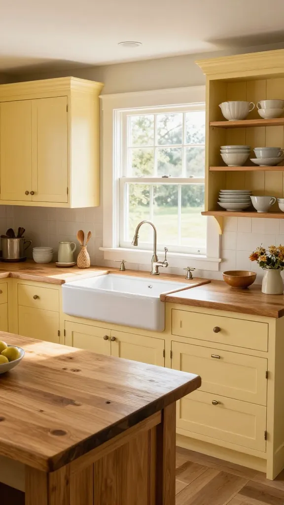 A high-angle, realistic, bright, and inviting shot of a farmhouse kitchen bathed in warm natural sunlight. Dominant creamy buttery yellow classic shaker-front cabinets line the walls. A substantial white farmhouse sink with a polished nickel gooseneck faucet is centered under a large window, offering a glimpse of greenery outside. Warm butcher block countertops extend across the work surfaces. Above the sink, open wooden shelving displays a curated collection of charming vintage white and pastel-colored dishware. In the foreground, a large, rustic wooden island with a thick, natural wood top serves as the heart of the home. The overall aesthetic is cheerful, rustic, and utterly delightful, with meticulous attention to textures and natural light. No text.