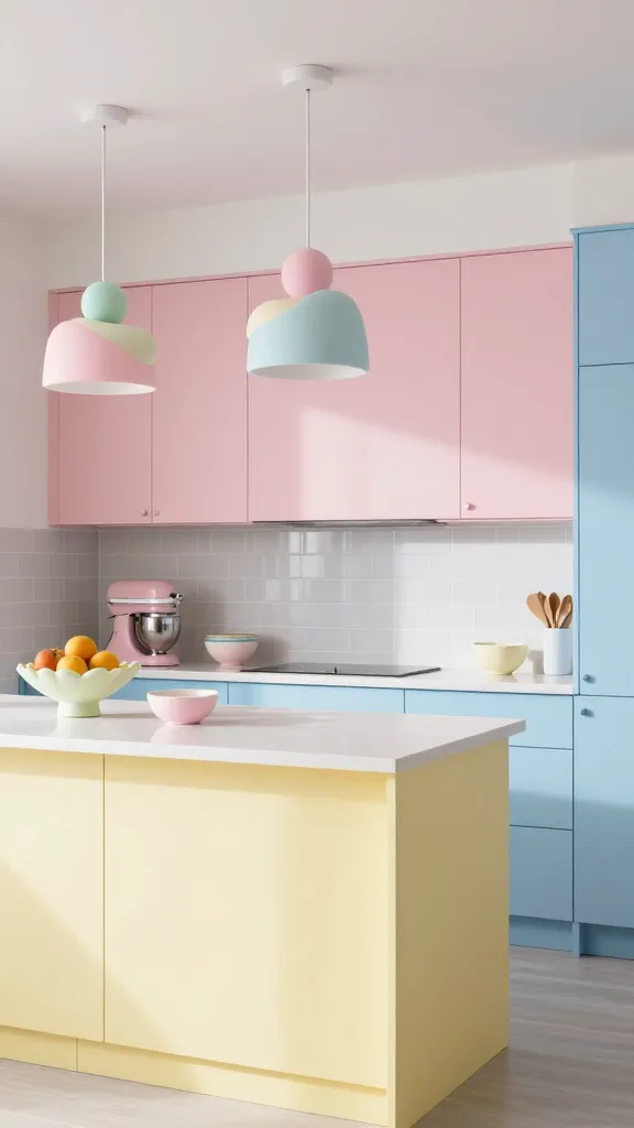 A whimsical, cotton candy-inspired modern kitchen, bathed in soft natural light. The upper cabinetry is a delicate pastel pink, while the lower cabinets are a serene baby blue. A prominent kitchen island features a pale pastel yellow finish. All countertops are pristine white quartz, complemented by a subtle light grey subway tile backsplash. Above the island hang two quirky, abstract pendant lights in complementary pastel hues. Playful and whimsical accessories adorn the countertops, including a pastel-colored stand mixer, unique ceramic bowls, and a sculptural fruit bowl. High-resolution, professional interior photography, no text.