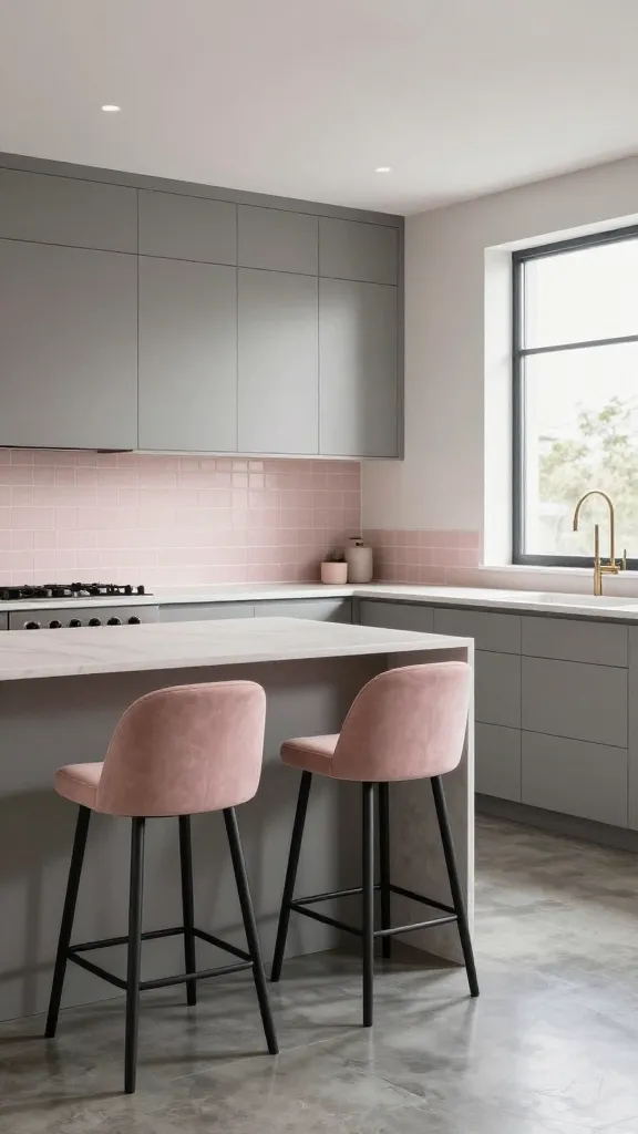 A high-quality, professional interior design photograph of a sophisticated and modern kitchen. The dominant feature is sleek, flat-panel greige cabinetry, extending along the walls and forming a minimalist island. Subtle, elegant pops of blush pink are introduced through two stylish, contemporary bar stools positioned at the island and a very light, textural blush pink subway tile backsplash above the professional-grade range. All cabinet and drawer pulls are sleek matte black, contrasting beautifully with the greige. The floor is a smooth, polished concrete, reflecting the ambient light. The kitchen is impeccably clean, well-lit with natural light from a large window, creating an atmosphere of refined elegance and grounded sophistication. No people, no text.