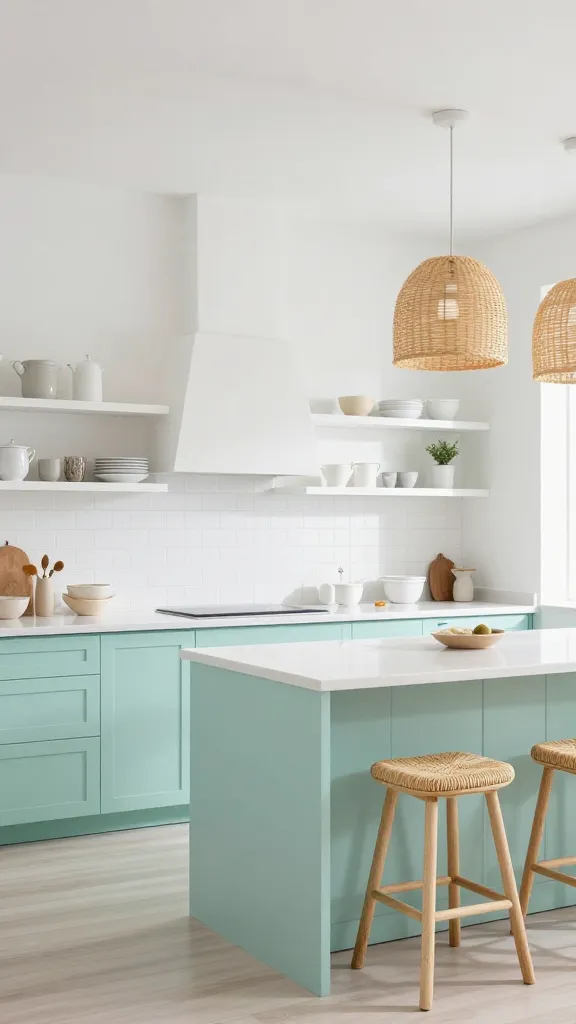 A high-resolution, professional photograph of a serene and inviting pastel aqua coastal kitchen. The kitchen features smooth, flat-panel lower cabinets in a slightly deeper, yet still pastel, aqua shade. Crisp white open shelving is mounted above, displaying minimalist white and light-toned ceramic kitchenware. Seamless white quartz countertops gleam under bright natural light, with a simple white subway tile backsplash extending across the wall. The flooring is a pale, light wood. Two woven rattan pendant lights hang gracefully above a central island, where two natural fiber bar stools are tucked underneath. The overall aesthetic is clean, uncluttered, and tranquil, with a fresh, airy atmosphere, captured with a wide-angle lens. No text.