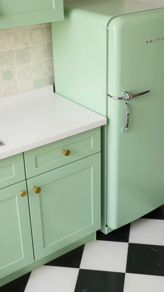 A high-angle, eye-level shot of a charming vintage-inspired kitchen, bathed in soft, natural light. The dominant color is a delightful, matte pistachio green, featured on classic Shaker-style cabinets adorned with antique brass cup pulls and round knobs. A crisp white solid surface countertop complements a subtle vintage-patterned tile backsplash in cream and very light green tones. The floor boasts a classic black and white checkerboard tile pattern, showing a slight, gentle wear. A retro-style refrigerator in a matching pistachio green with polished chrome handles stands prominently. The scene is styled with minimal, tasteful vintage kitchen accessories, creating a feeling of nostalgic warmth and modern freshness. High resolution, realistic photography, no text.