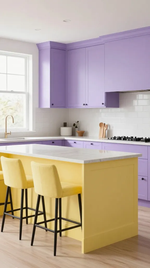 A high-quality, realistic photograph of a modern kitchen designed with a soft pastel aesthetic. The main upper and lower cabinetry is a delicate, matte lilac, creating a serene and elegant backdrop. A prominent kitchen island serves as a vibrant focal point, painted in a cheerful, soft lemon yellow. Three sleek, backless bar stools upholstered in matching lemon yellow fabric are neatly tucked under the island. All cabinet and drawer hardware is matte black, providing a contemporary contrast. The countertops are a light, neutral white quartz, and the flooring is a light, natural wood. The backsplash features simple, textured white subway tiles. Abundant natural light streams in from a large window, illuminating the space and highlighting the soft, dynamic color palette. The kitchen feels utterly charming and inviting, with no text present in the image.
