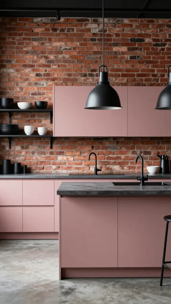 High-quality, realistic photo of a modern industrial chic kitchen featuring matte misty rose flat-panel base cabinets and some upper cabinets. A prominent exposed red brick wall serves as both a backdrop and a backsplash, complemented by dark grey polished concrete countertops. Black metal open shelving units are mounted against the brick wall, displaying minimalist black and white ceramics. Two industrial-style black metal pendant lights hang above a central island or a key countertop area. A sleek black matte faucet and minimalist black hardware complete the look. The flooring is a dark concrete. Natural light streams into the space, highlighting the sophisticated contrast between the soft misty rose and the raw industrial textures. No text.