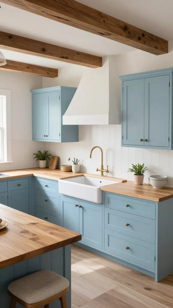 A high-angle, wide-shot photograph of an inviting modern farmhouse kitchen, bathed in soft, natural light. The central focus is the serene powder blue shaker cabinetry, which lines the walls, beautifully complemented by warm, thick butcher block countertops. A classic white farmhouse sink is prominently featured, set against a simple white beadboard backsplash that adds subtle texture. Overhead, rustic wooden beams span the ceiling, enhancing the farmhouse charm. Comfortable seating, perhaps a small breakfast nook or island stools with light fabric cushions, is visible within the frame, inviting relaxation. The overall atmosphere is light, airy, and warm, showcasing a perfect blend of modern farmhouse comfort with a refreshing pastel twist. Realistic, high detail, no text.