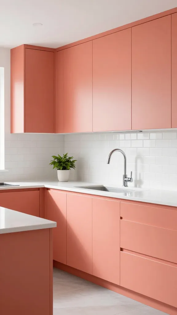 A high-quality, professional interior design photograph of a modern kitchen, bathed in bright natural light. The kitchen features sleek, handle-less cabinetry in a soft, muted coral hue, creating a vibrant yet sophisticated and fresh contemporary aesthetic. Pristine white quartz countertops extend across the base cabinets, complemented by a minimalist white subway tile backsplash. A modern chrome gooseneck faucet is visible at the sink area. The space is intentionally clean and uncluttered, with very minimal decor, perhaps a single small green plant in a simple white pot on the countertop. The overall atmosphere is lively, sophisticated, and trendsetting. No text on image.
