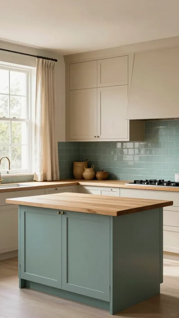 A serene, modern kitchen featuring extensive flat-panel cabinetry in a warm oatmeal color. A prominent kitchen island with a soft teal base and a light natural wood countertop takes center stage. Behind the island, a statement backsplash of soft teal subway tiles extends to the ceiling. Perimeter countertops are also light natural wood. Sunlight streams through a large window, gently illuminating light oatmeal linen curtains. A couple of natural woven baskets are subtly placed on an open floating shelf. The overall atmosphere is warm, calming, and inviting. High-resolution, realistic photograph, architectural digest quality, no text.
