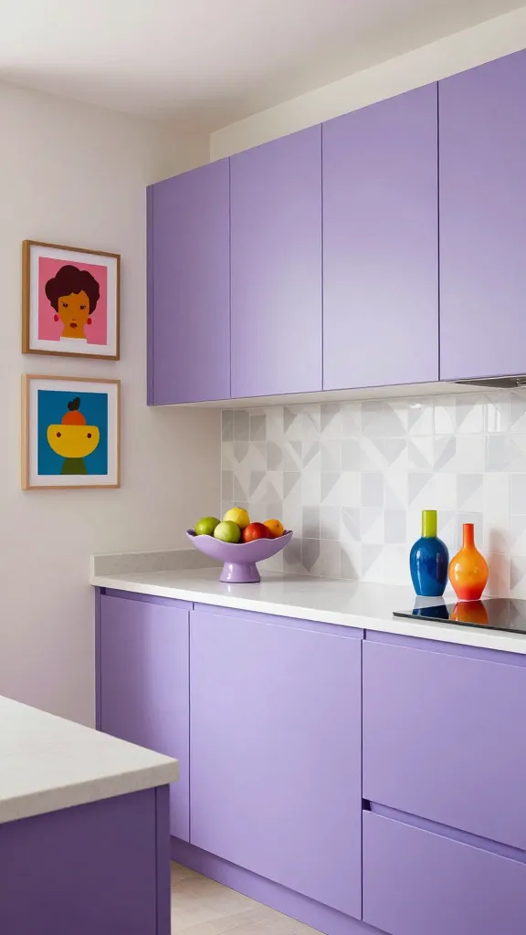 A high-quality, realistic photograph of a modern kitchen interior, showcasing a playful pop art aesthetic. The focal point is sleek, flat-panel periwinkle cabinets, adorned with minimalist hardware. A pristine white quartz countertop spans the cabinetry, complemented by a geometric patterned backsplash in white and light grey. On the adjacent light-toned walls, a few vibrant, framed pop art pieces are displayed, adding a bold artistic flair. Quirky, colorful accessories, such as a unique sculptural fruit bowl or a brightly colored vase, are strategically placed on the countertops, enhancing the whimsical and creative atmosphere. The kitchen is bathed in soft, bright natural light, highlighting its clean lines and vibrant details. No text on image.