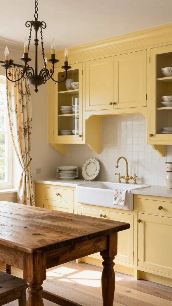 A high-resolution, professional photograph of an elegant French Country kitchen bathed in soft, natural daylight. The custom cabinetry is painted in a delicate chiffon yellow, featuring intricate raised paneling. Several upper cabinets have glass-front doors, beautifully displaying neatly stacked white ceramic plates and bowls with subtle, muted floral patterns. A substantial, antique dark wood table with a rustic, distressed finish serves as a central island. Integrated into a light-colored countertop, a classic white ceramic farmhouse sink with a vintage-style brass faucet adds charm. Above the island, an ornate, wrought-iron chandelier with candle-style bulbs casts a warm glow. Windows are adorned with light, flowing floral textile curtains in muted tones, and a floral-patterned tea towel hangs near the sink. The overall ambiance is warm, inviting, and romantically rustic, reminiscent of a charming French countryside villa. Shot from a slightly wide-angle, eye-level perspective, capturing the intricate details and overall inviting atmosphere. No text.