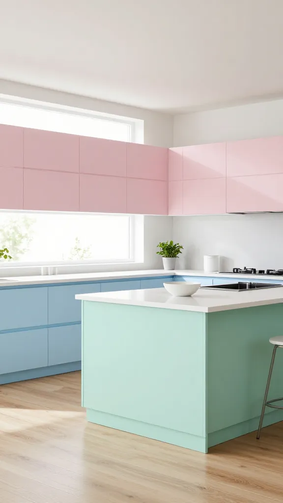 A bright, modern kitchen interior featuring a distinct "block party" of soft pastel colors. The lower cabinets are a pale sky blue, while the upper cabinets are a delicate soft pink. A central kitchen island stands out in a fresh mint green. All countertops are a clean white quartz, and the flooring is light natural oak wood, providing a neutral balance. The space is filled with abundant natural light from a large window, creating an airy and inviting atmosphere. The design is minimalist with clean lines, showcasing integrated appliances. A few simple, elegant white ceramic bowls and a small potted green plant are subtly placed on the island, adding a touch of life without clutter. High-resolution, professional architectural photography, realistic, no text.