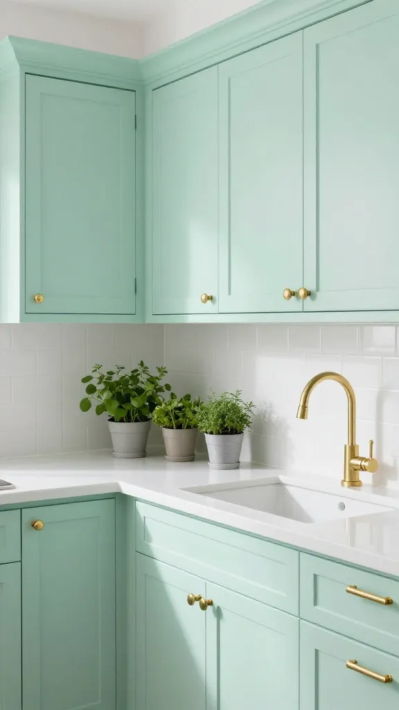 A high-quality, realistic photo of a serene and chic kitchen bathed in soft natural light. The custom cabinetry is painted in a very pale, almost powdery mint green, creating a tranquil and inviting atmosphere. Crisp white quartz countertops extend across the space, perfectly complemented by a simple white subway tile backsplash. Shimmering brass hardware, including elegant cabinet pulls and a sleek gooseneck faucet, adds glamorous accents. A few vibrant green potted herbs are neatly arranged on the countertop, hinting at freshness. The overall aesthetic is dreamy pastel, light, and happy, evoking a breath of fresh air.